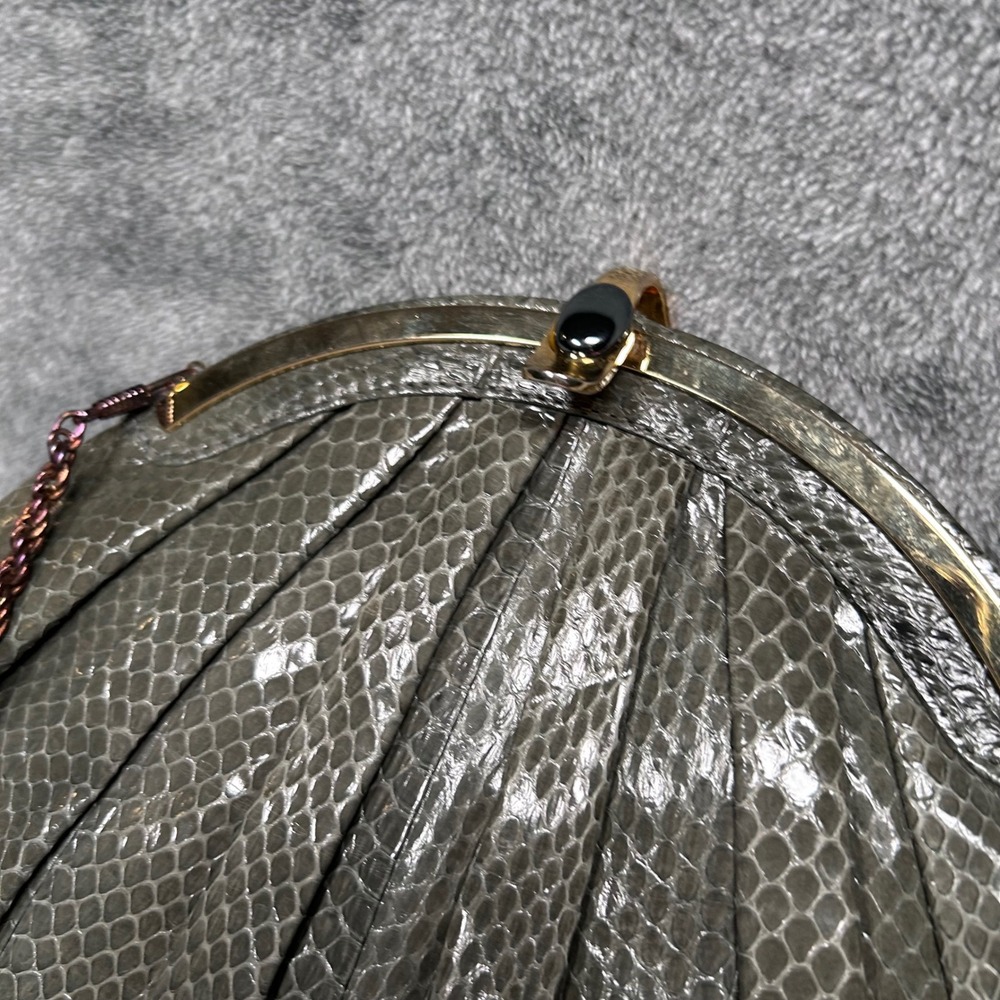 Ashneil 70s Disco Snakeskin Evening Bag Gray Gold Frame Rope Chain Purse w Pouch - Picture 15 of 16